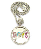 Stone Stud No Boys Mirror Pendant w/ 5mm 18" Rope Chain Necklace, Silver-Tone, Clear Stone