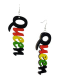 Women's Afrocentric African Text Wood Dangle Pierced Earrings, Queen