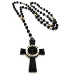 Veritas Aequitas Cross Pendant with 6mm 30" Black and Color Stone Bead Rosary Necklace