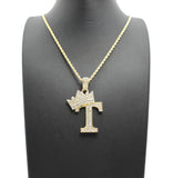 Stone Stud Allover Tilted Crown Initial T Pendant w/ 3mm 18" Rope Chain Necklace, Gold-Tone