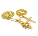 Stone Stud 2 Row Cross & Praying Halo Angel Pendant Set w/ 2mm 24" & 30" Box Chains in Gold-Tone