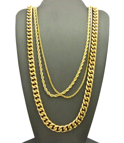 Hip-Hop Style Gold-Tone 24" Box, 24" Rope, & 30" Cuban Necklace Set
