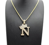 Stone Stud Allover Tilted Crown Initial N Pendant w/ 2mm 24" Box Chain Necklace, Gold-Tone