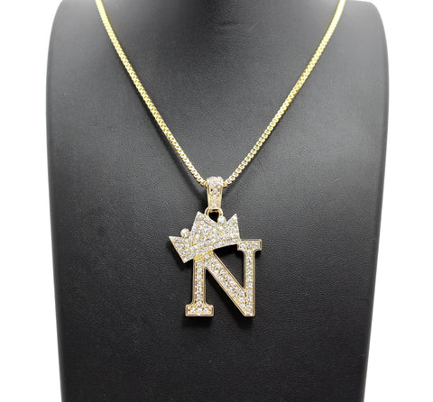 Stone Stud Allover Tilted Crown Initial N Pendant w/ 2mm 24" Box Chain Necklace, Gold-Tone