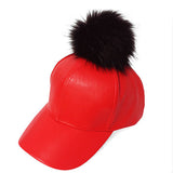 Fur Pom Pom Adjustable Snapback Faux Leather Precurved Baseball Cap