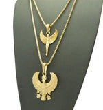 Winged Egyptian Goddess & Horus Falcon Pendant Set 2mm 24" & 30" Box Chain Necklace in Gold-Tone