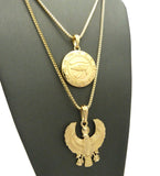 Solid Eye of Horus Medal & Horus Falcon Pendant Set 2mm 24" & 30" Box Chain Necklace in Gold-Tone
