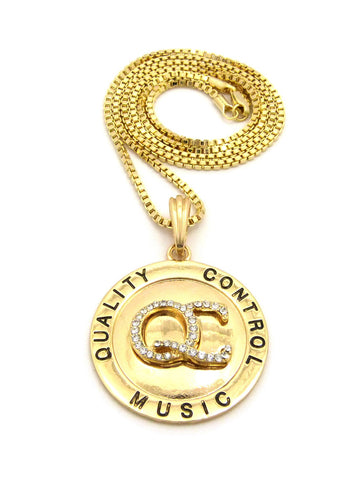 Stone Stud QC Initials on Polished Round Pendant w/ 24" Necklace in Gold-Tone