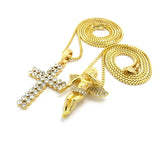 Floating Angel & 2 Row Stone Cross Pendant Set w/ 24" & 30" Box Chain Necklaces in Gold-Tone