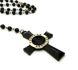 Veritas Aequitas Cross Pendant with 6mm 30" Black and Color Stone Bead Rosary Necklace