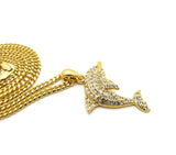 Stone Stud Diving Dolphin Pendant w/ Chain Necklace, Gold-Tone
