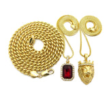 Colored Gemstone & Hip Hop Pendant Set on Box Chains with Cuban Chain in Gold-Tone