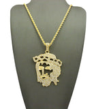 Stone Stud Hollow Jesus Face Pendant w/Chain Necklace, Gold-Tone