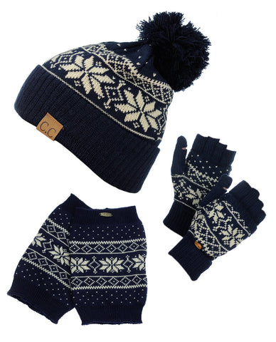 NYfashion101 Exclusive Snowflake Pattern Knit Boot Cuff, Beanie & Mitten Set
