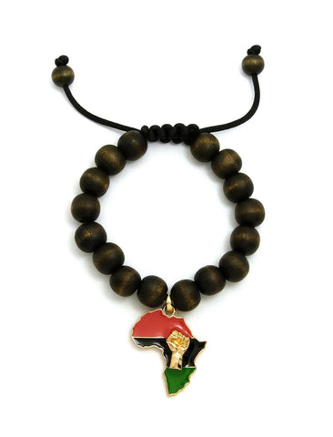 Power Fist on Pan Africa Charm with 12mm Adjustable Wooden Bead Macrame Bracelet