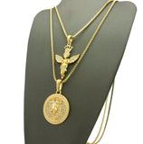 Crowned Praying Angel & King Lion Medallion Pendant Set w/ Gold-Tone Box Chain Necklaces