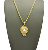 Stone Stud Mane Lion Head pendant Chain Necklace, Gold-Tone