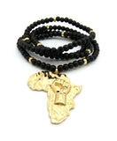 Power Fist on Africa Pendant w/6mm 30" Black Wood Bead Color Disc Necklace, Gold-Tone