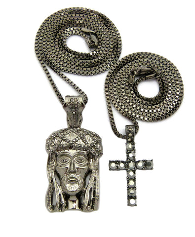 Studded Cross & Woven Crown of Thorns Jesus Head Pendant Set w/Box Chain Necklaces, Hematite-Tone