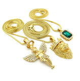 Faux Emerald Stone, Halo Angel & King Lion Pendant Set w/ Multi Length Box Chains in Gold-Tone