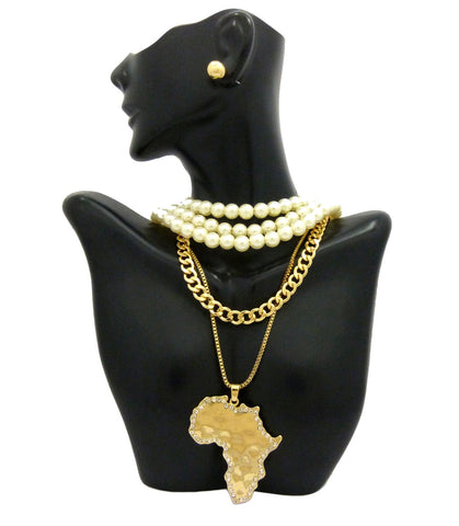 Women's Fashion Africa Pendant Earring and Simulated Pearl Necklace Set in Gold-Tone