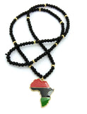 Pan Africa Continent Pendant w/6mm 30" Black Wood Bead Color Disc Necklace, RD/BK/GR, Gold-Tone