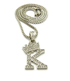 Unisex Stone Stud Tilted Crown Letter Initial Micro Pendant 2mm Box Chain Necklace, 20", K