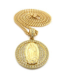 Stone Stud Mother Mary Medallion with Cuban Chain Necklace