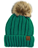 C.C Thick Cable Knit Faux Fuzzy Fur Pom Fleece Lined Skull Cap Cuff Beanie