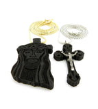 Jesus Face and Crucifix Black Wood Pendant w/ 2mm 24" & 30" Box Chain Neckaces