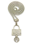 Stone Stud Padlock with Key Pendant w/5mm 24" Cuban Chain Necklace