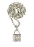 Stone Stud Padlock Pendant w/ 3mm 24" Cuban Chain Necklace