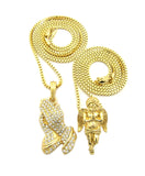 Polished Praying Angel & Stone Stud Praying Hands Pendant Set w/ 2mm Box Chains in Gold-Tone