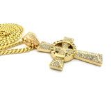 Circle Veritas Aequitas Stone Stud Cross Pendant w/6mm 30" Cuban Chain Necklace, Gold-tone