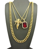 Colored Gemstone & Hip Hop Pendant Set on Box Chains with Cuban Chain in Gold-Tone