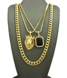 Colored Gemstone & Hip Hop Pendant Set on Box Chains with Cuban Chain in Gold-Tone