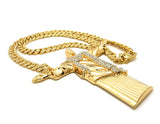 Stone Stud Christ the Redeemer Pendant with 12mm 30" Iced Out Cuban Chain Necklace in Gold-Tone