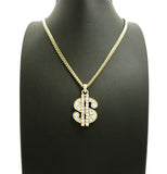 Stone Stud Dollar Sign Micro Pendant with 3mm 24" Cuban Chain Necklace, Gold-Tone