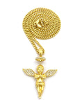 Stone Stud Winged Praying Halo Angel Pendant with Chain Necklace