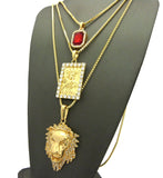 Ruby Red Gemstone, Statue of Liberty & Noble Lion Head Pendant Set w/ Box Chains in Gold-Tone