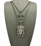 Studded Cross & Woven Crown of Thorns Jesus Head Pendant Set w/Box Chain Necklaces, Hematite-Tone