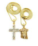 Gold-Tone Dusted Jesus Face & 2 Row Stone Cross Pendant Set w/ 24" & 30" Box Chain Necklaces in Gold-Tone