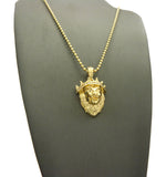 Stone Stud Crown King Lion Micro Pendant w/ Chain Necklace - 2mm 24" Gold-Tone Ball Chain