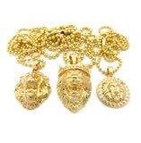 Narrow Lion Medal, 3D Lion Head & Stone Stud Crown King Lion Pendant Ball Chain Necklace Set in Gold-Tone