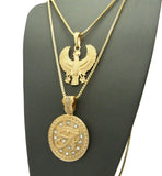 Polished Horus Falcon & Eye of Horus Stone Stud Medal Pendant Set 2mm Box Chain Necklaces in Gold-Tone