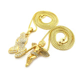 Wing Studded Flying Angel & Stone Stud Praying Hands Pendant Set w/ 2mm Box Chains in Gold-Tone