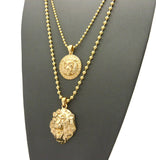 Solid Narrow Lion Head Medal & 3D Lion Head Pendant Set 2mm 24" & 30" Ball Chain Necklace in Gold-Tone