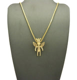 Stone Stud All Over Crowned Winged Angel Pendant w/ Chain Necklace