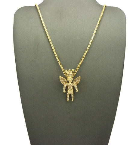 Stone Stud All Over Crowned Winged Angel Pendant w/ Chain Necklace