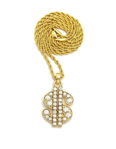 Stone Stud Dollar Sign Micro Pendant with Rope Chain Necklace, Gold-Tone
